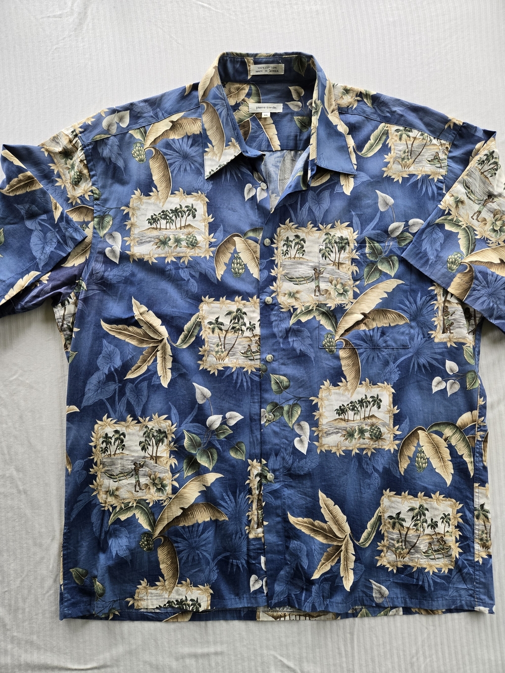 Vintage Pierre Cardin 90s Blue Tropical Palm Island Hawaiian Resort Shirt XXL